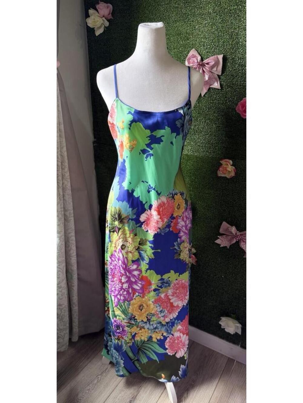 Natori Floral Satin Slip Dress Size S Blue Green Multicolor Tropical Print Night